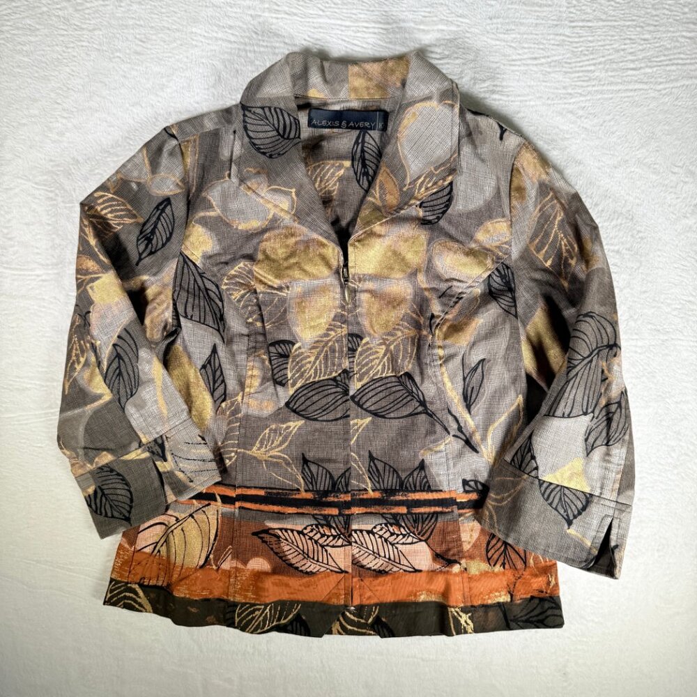 Alexis Avery Leaf‎ Print Blazer Full Zip Unlined Grannycore Jacket Womens Sz 10